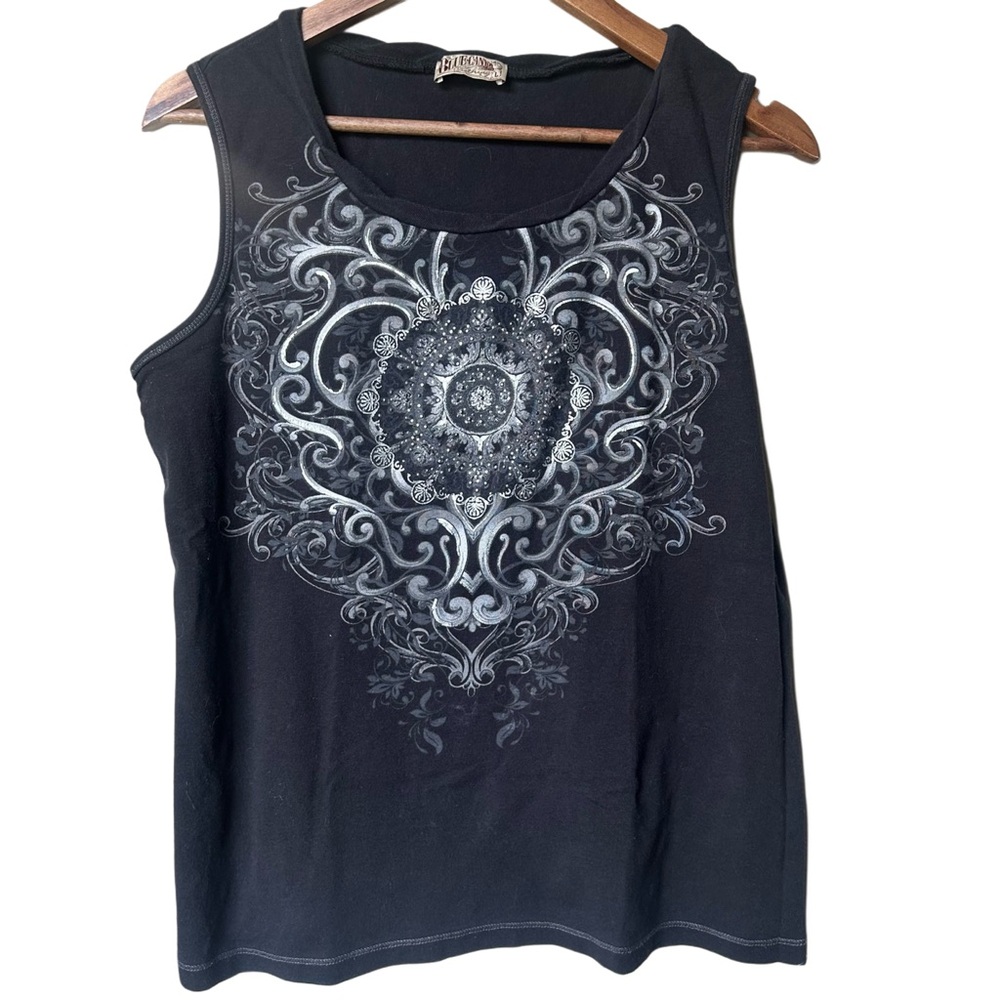 Vintage Blue Canyon Mandala Graphic Tank Top – Black & Silver – Women’s Size L
